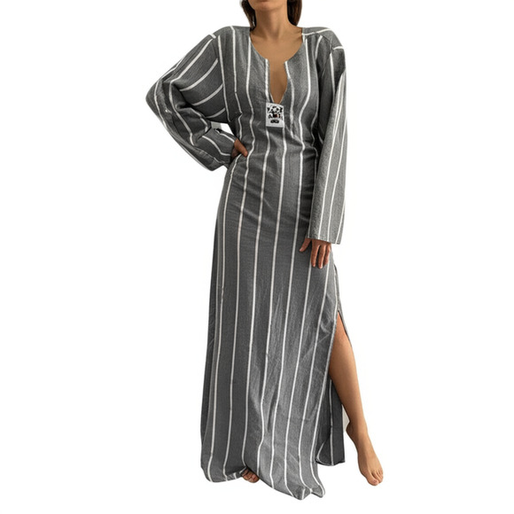 Grey White Striped Long Sleeve Notched V-Neck Kaftan Maxi Dress - Picture 1 of 6